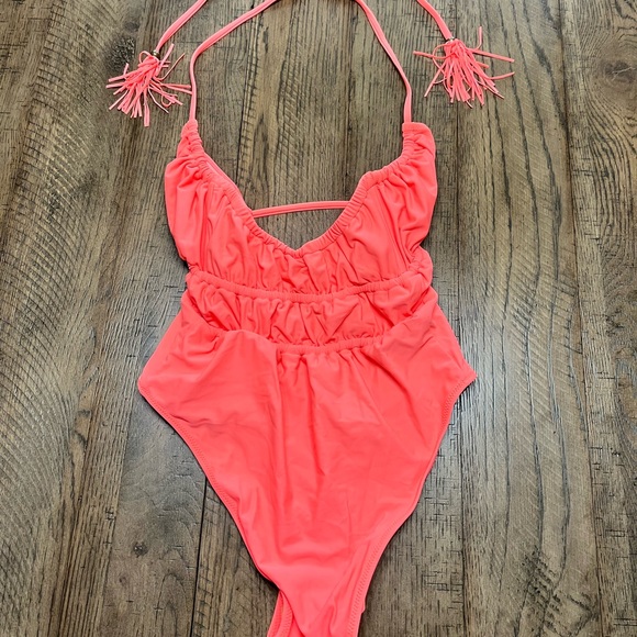 Ramy Brook Size XS Flami coral one piece swimsuit tie back tassel design NWT